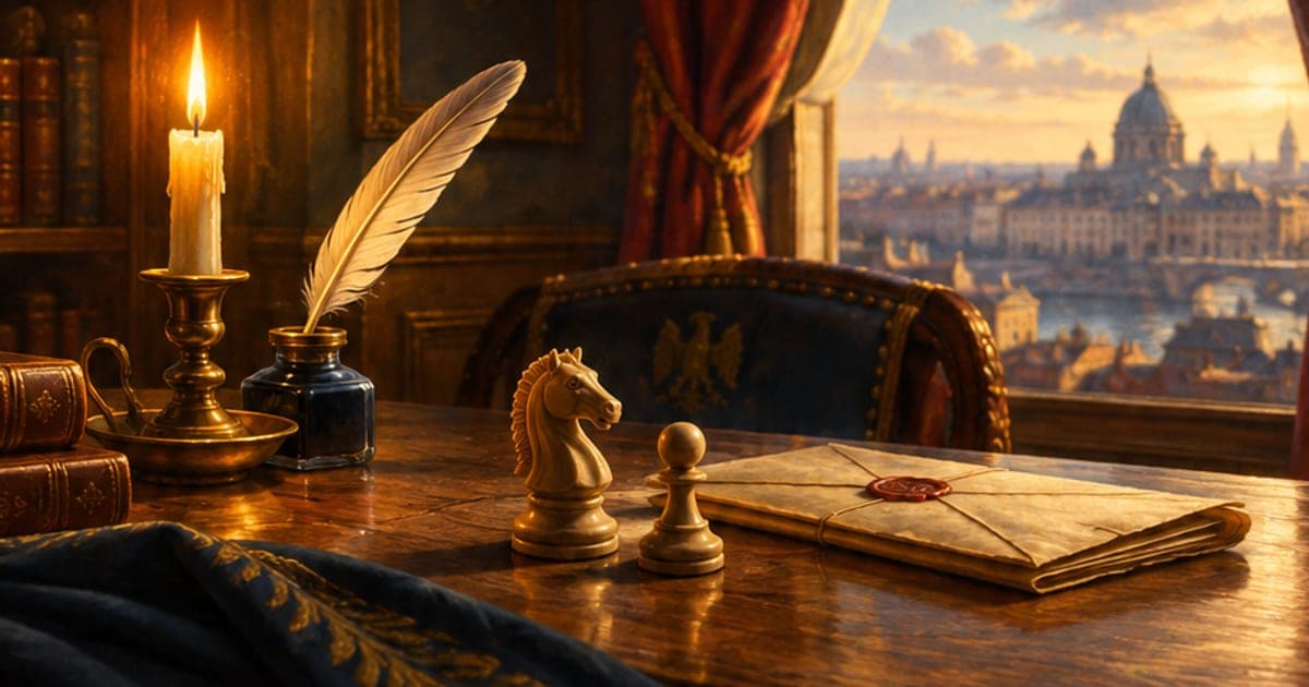 書斎の机に置かれた羽根ペンと駒
