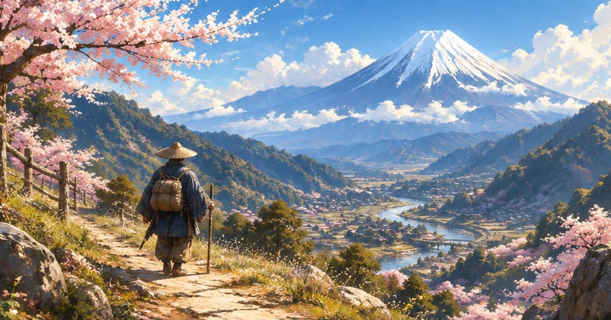 晴れた空の下、雪を頂いた山々が遠くに見える山道を歩く旅人の後ろ姿。