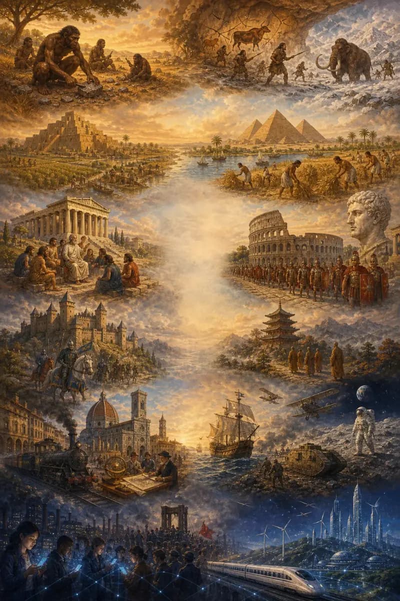 Key visual of DIVE World History: the dawn of humankind, the pyramids, a Greek temple, the Roman Colosseum, a medieval castle, a sailing ship of the Age of Exploration, a steam locomotive, and an astronaut, leading to a modern city along a single stream of light