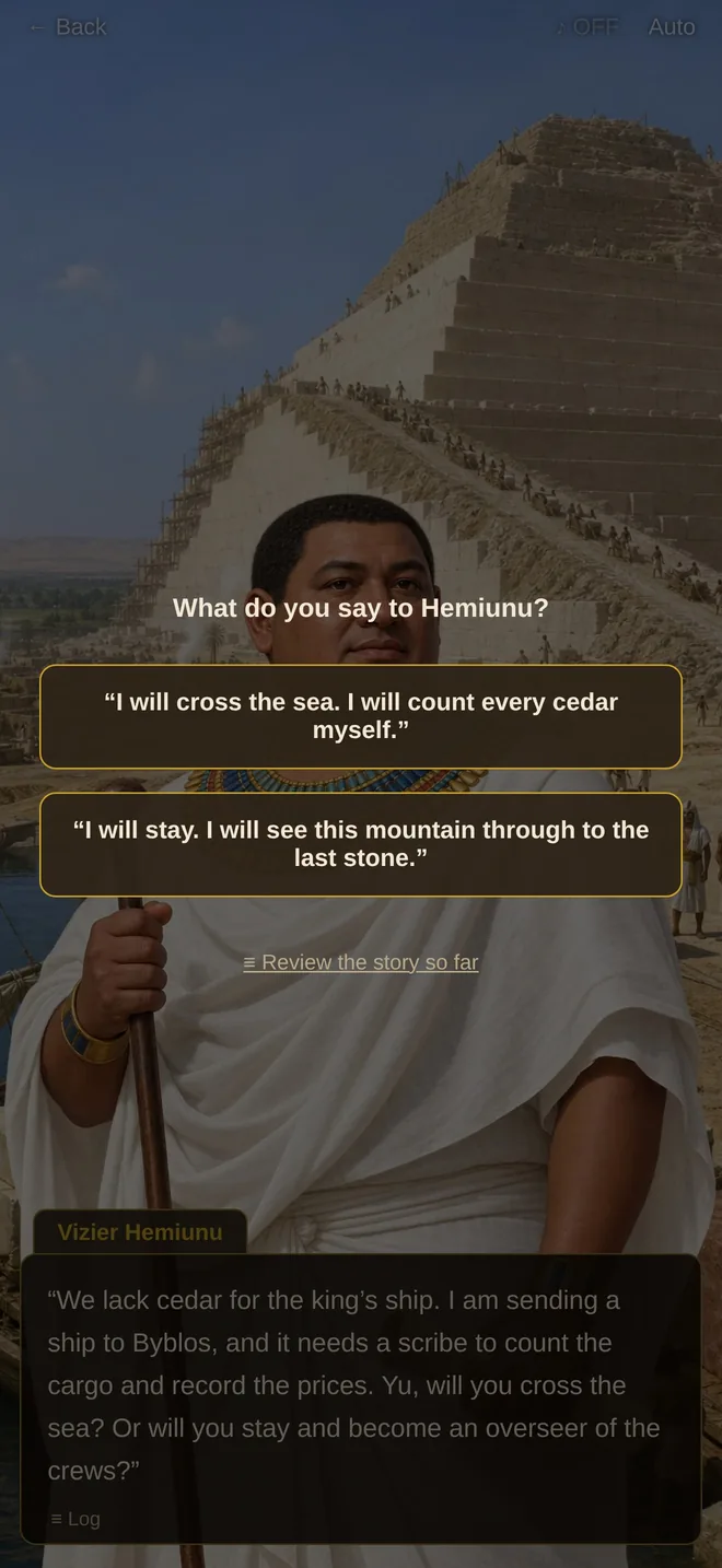 Choice screen: at a pyramid construction site, you pick one of two answers to give the vizier Hemiunu