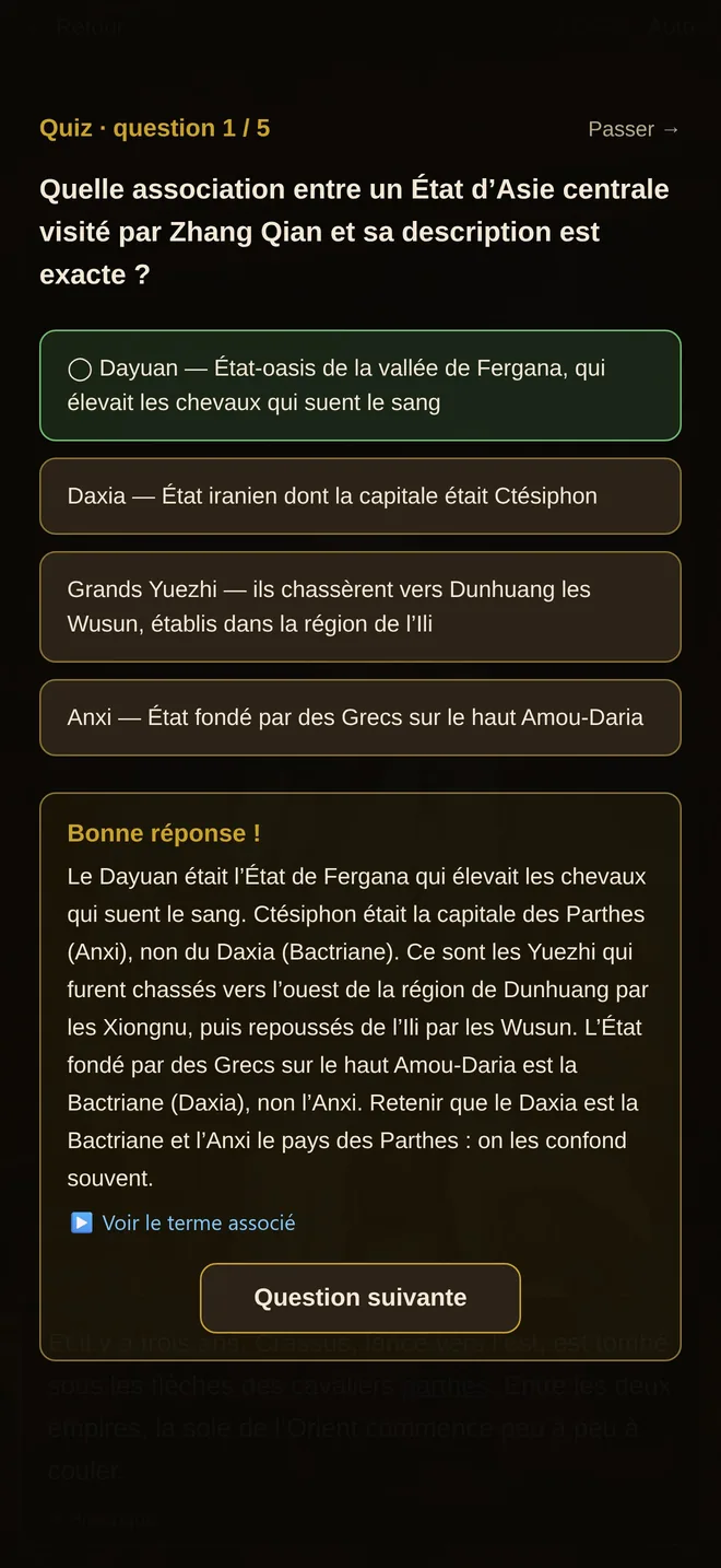 Écran du QCM de fin de chapitre : une question à 4 propositions sur un pays d’Asie centrale visité par Zhang Qian, avec l’explication de la bonne réponse