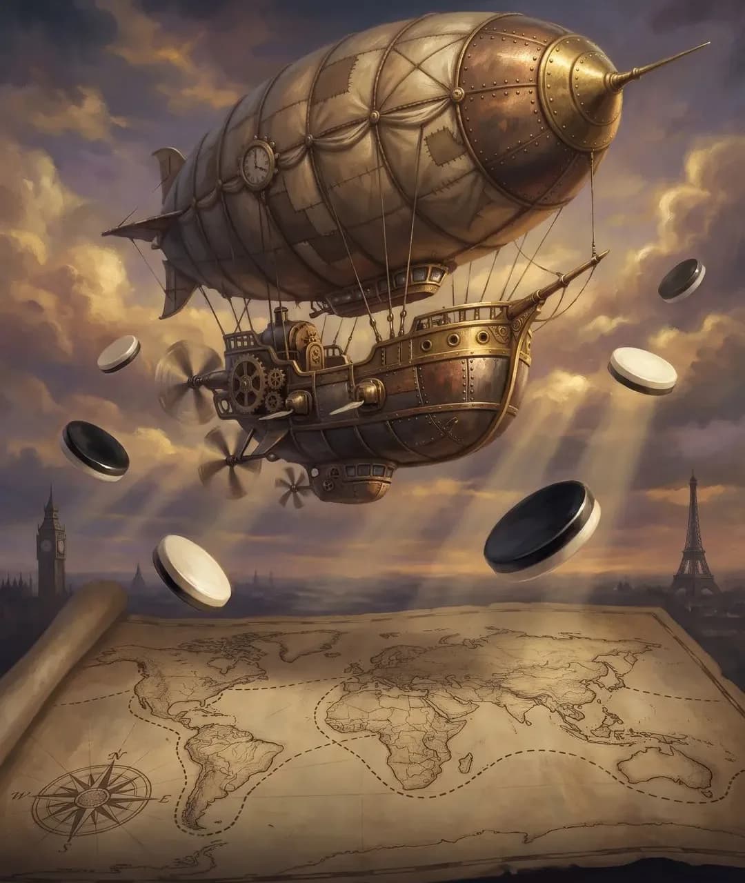 Reversi: 80 Days Patent War - Reversi stones over an airship and a world map