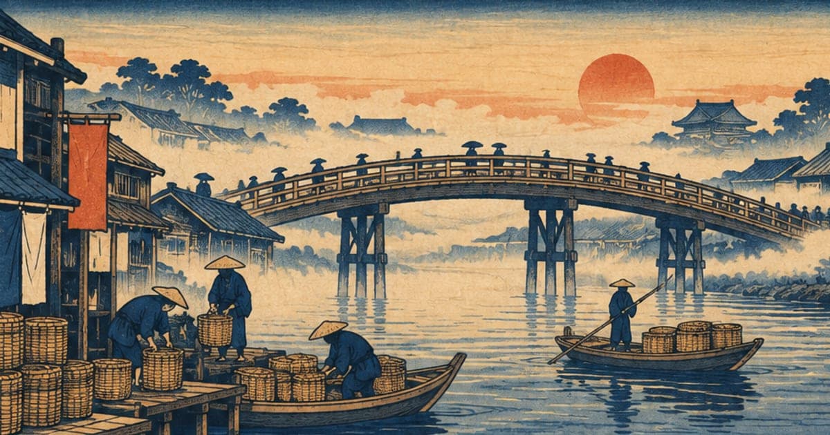夜明けの日本橋と荷を降ろす小舟の風景