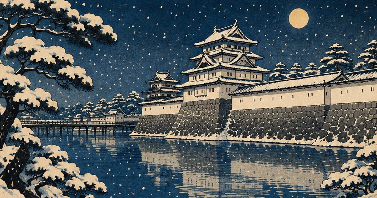 雪が静かに降る夜の江戸城の石垣と白壁