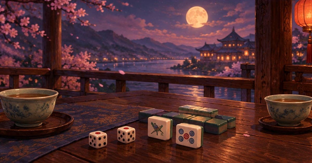 夜の楼閣の机に置かれた麻雀牌と賽子