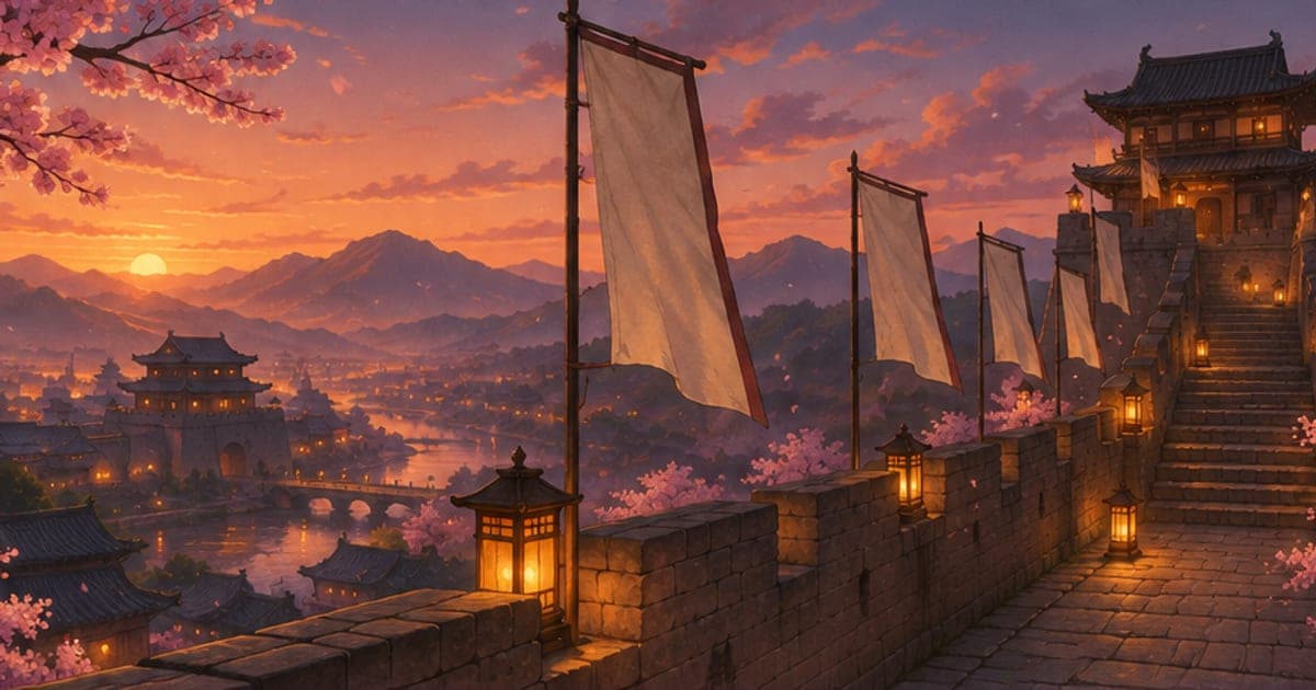 夕暮れの城壁と風になびく軍旗の風景