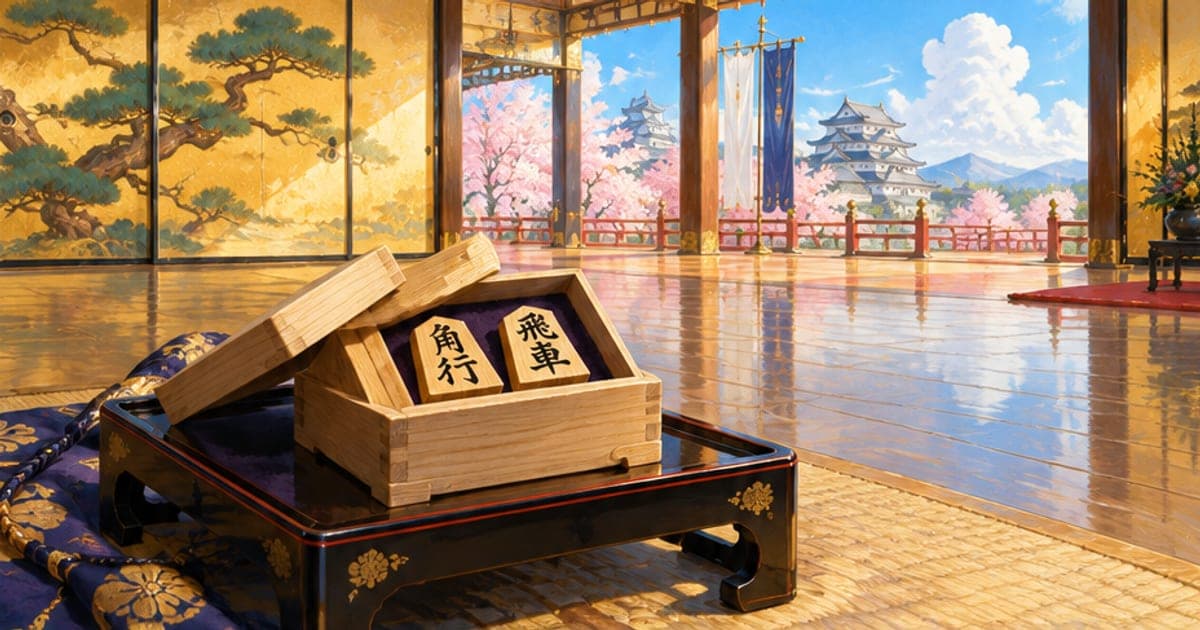 金箔の障子がある城の広間で、漆塗りの台に置かれた駒箱と二枚の将棋の駒。