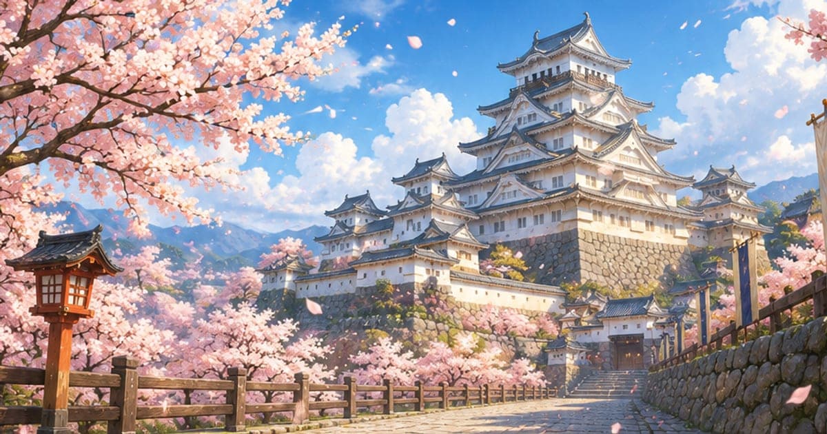 満開の桜に囲まれた白い城と、石畳に舞い散る花びら