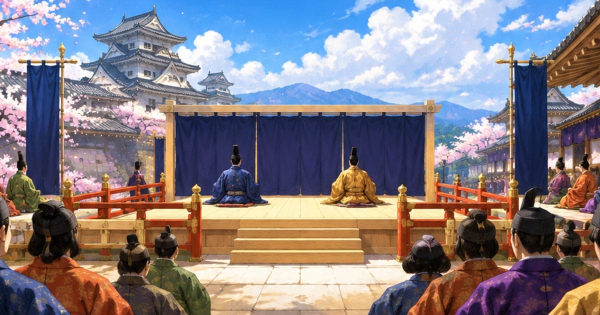 青空の下、朱色の手すりと藍色の幕に囲まれた檜の舞台で観客が見守る城の中庭の催し